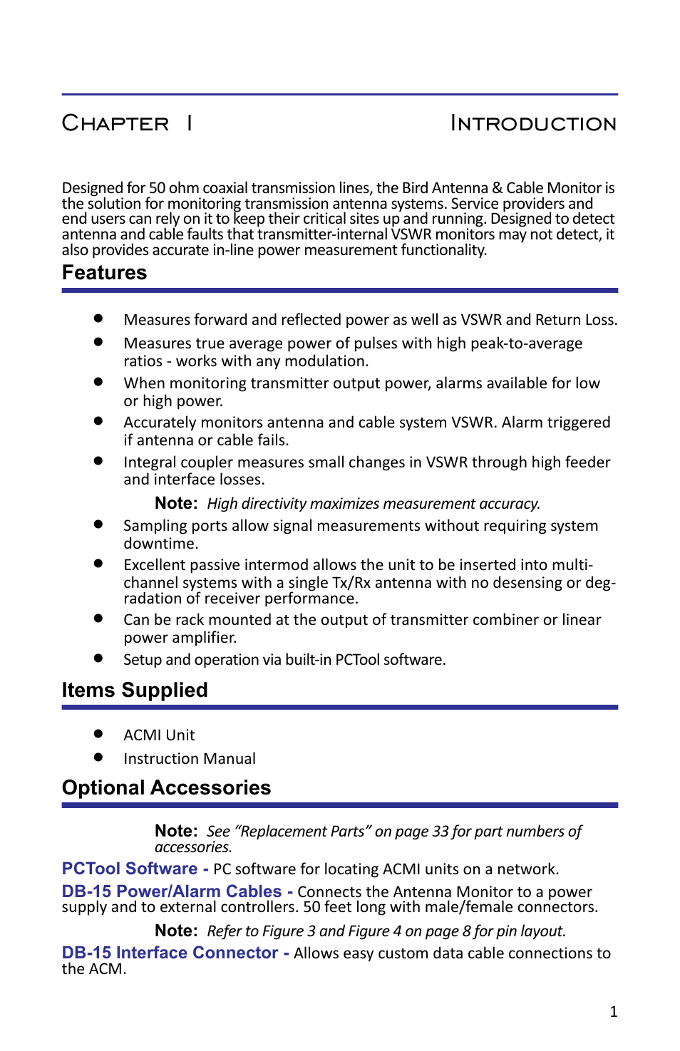 Chapter 1 introduction, Features, Items supplied | Optional accessories, Features items supplied optional accessories | Bird Technologies ACMI User Manual | Page 13 / 48