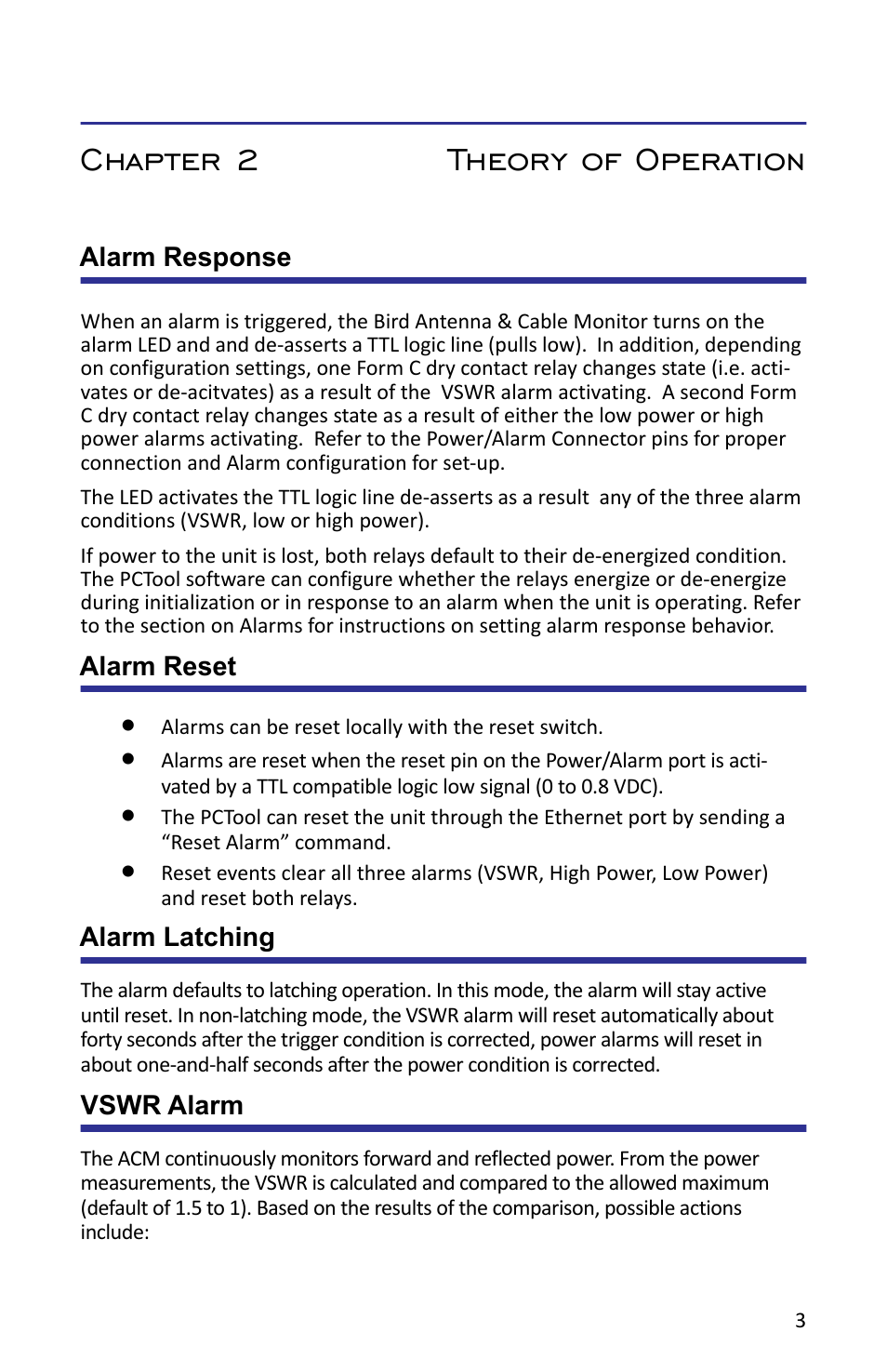 Chapter 2 theory of operation, Alarm response, Alarm reset | Alarm latching, Vswr alarm | Bird Technologies ACMI User Manual | Page 15 / 48