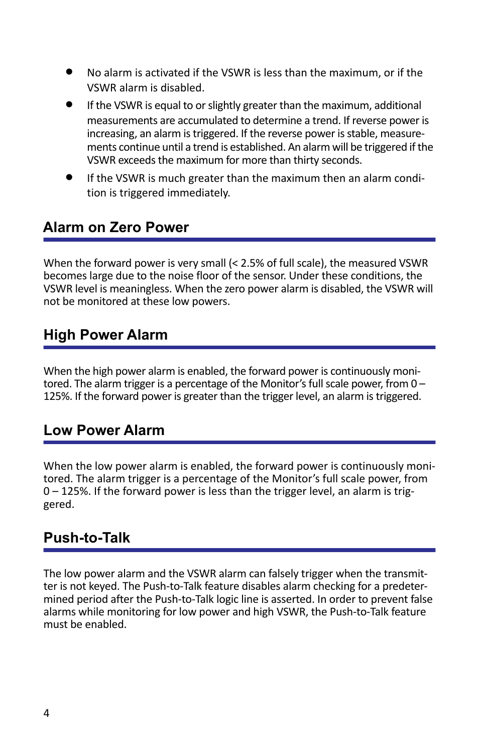 Alarm on zero power, High power alarm, Low power alarm | Push-to-talk | Bird Technologies ACMI User Manual | Page 16 / 48