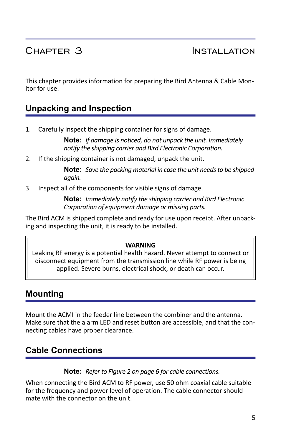 Chapter 3 installation, Unpacking and inspection, Mounting | Cable connections | Bird Technologies ACMI User Manual | Page 17 / 48