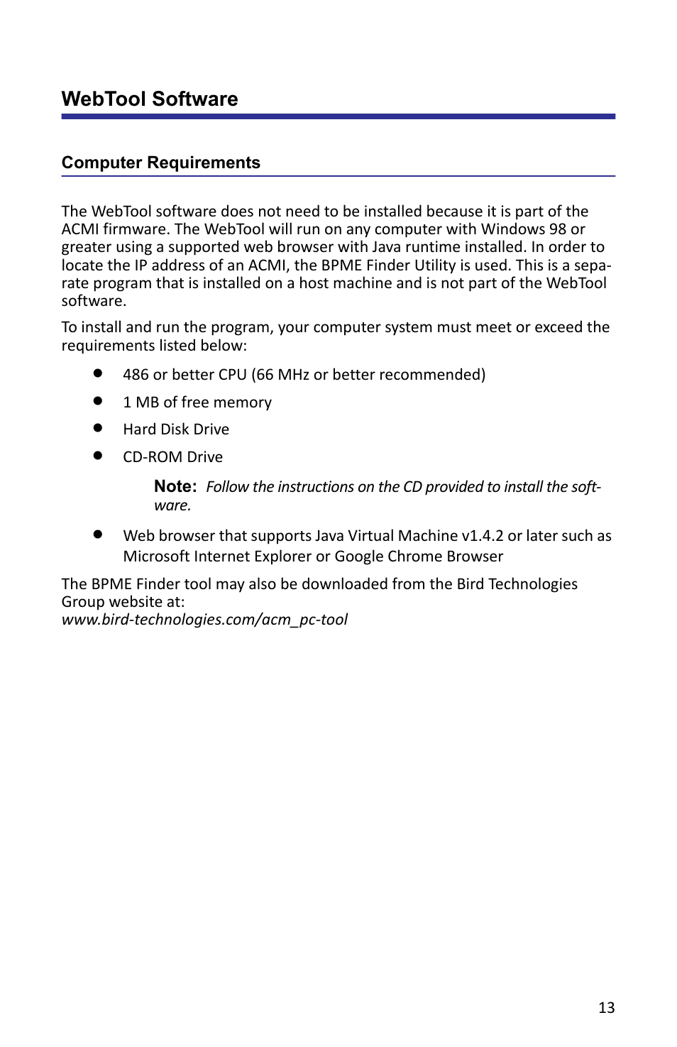 Webtool software, Computer requirements | Bird Technologies ACMI User Manual | Page 25 / 48