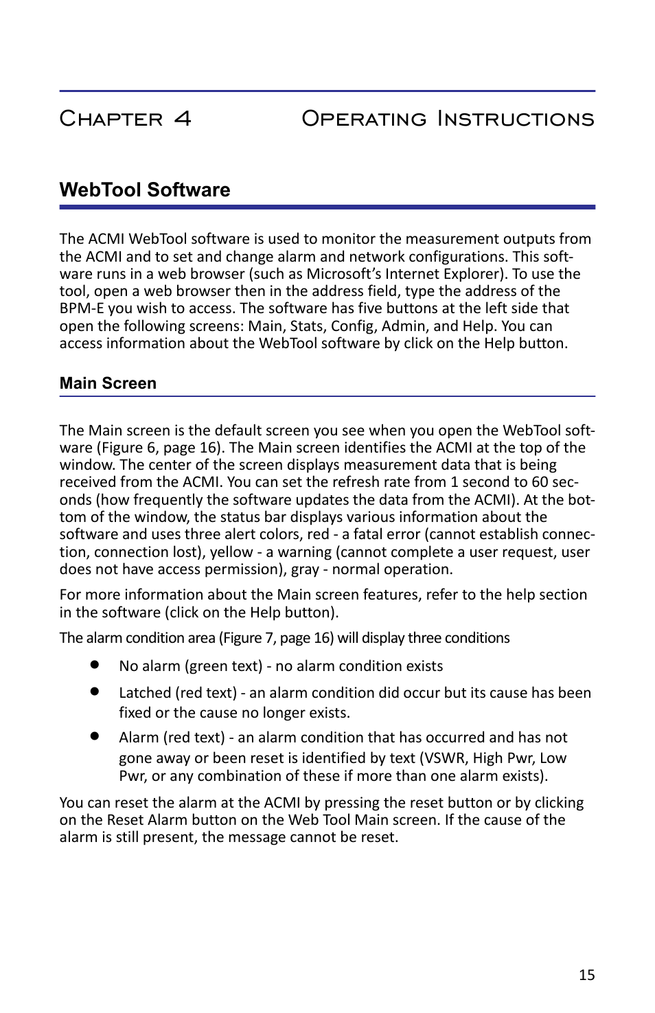 Chapter 4 operating instructions, Webtool software, Main screen | Chapter | Bird Technologies ACMI User Manual | Page 27 / 48