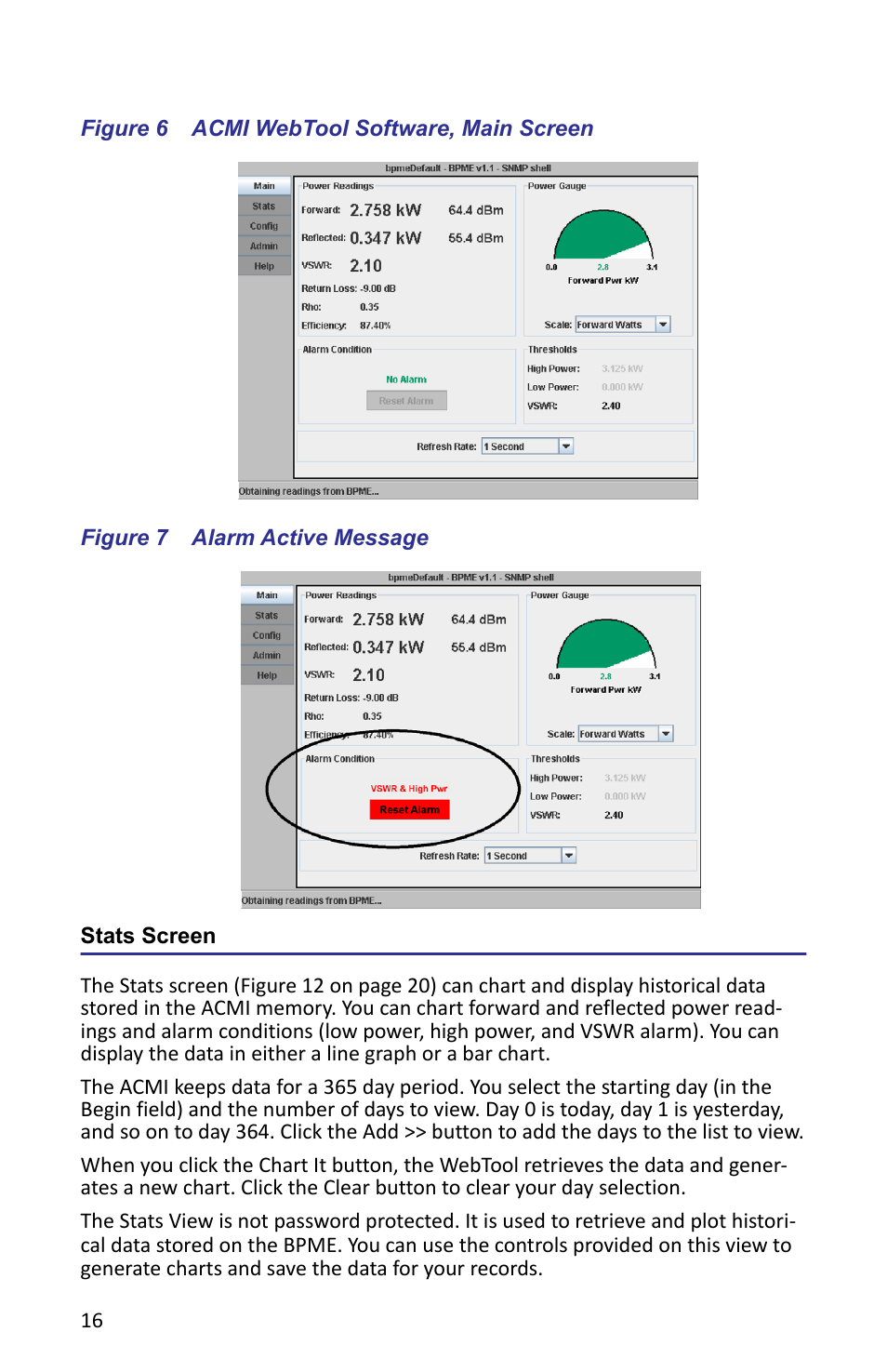 Figure 6 acmi webtool software, main screen, Figure 7 alarm active message, Stats screen | Bird Technologies ACMI User Manual | Page 28 / 48
