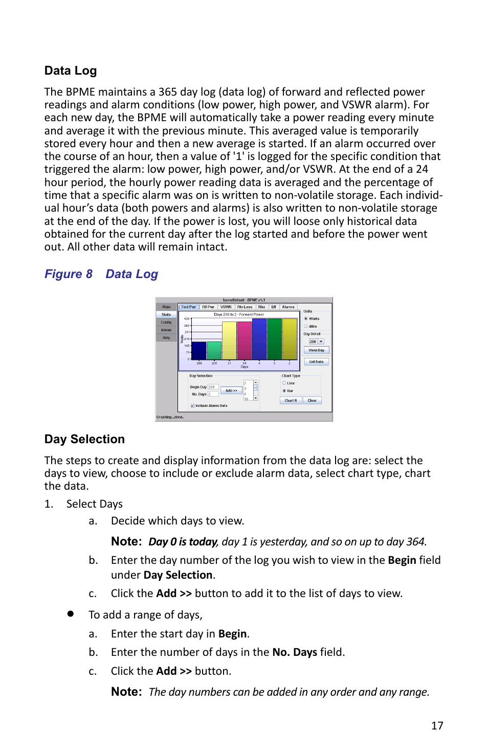 Data log, Figure 8 data log, Day selection | Data log day selection | Bird Technologies ACMI User Manual | Page 29 / 48