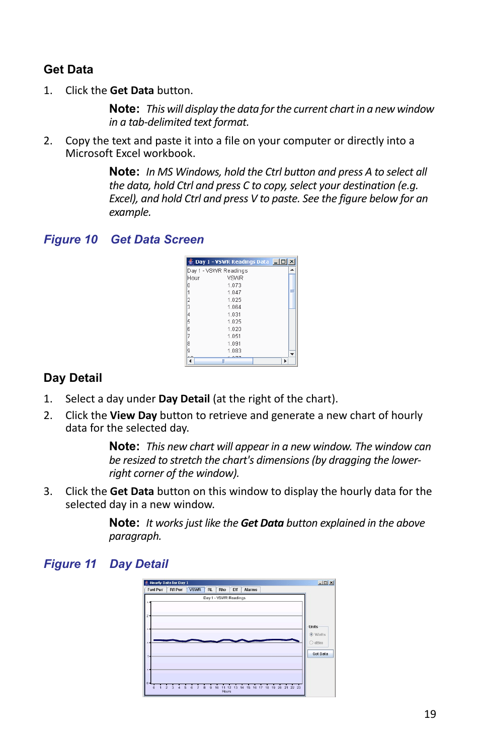 Get data, Figure 10 get data screen, Day detail | Figure 11 day detail, Get data day detail | Bird Technologies ACMI User Manual | Page 31 / 48