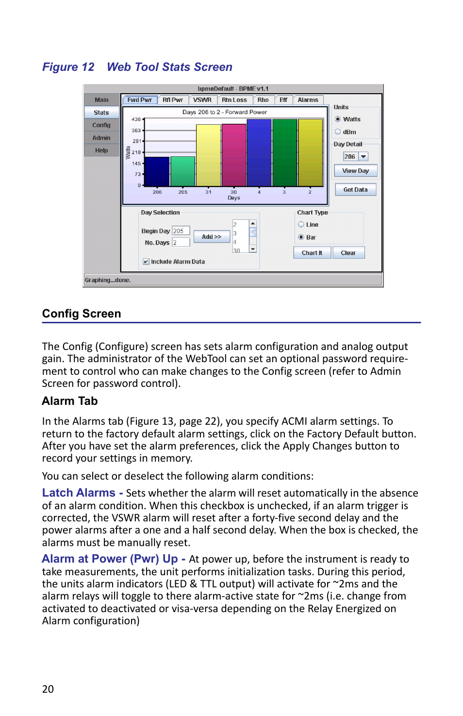Figure 12 web tool stats screen, Config screen, Alarm tab | Bird Technologies ACMI User Manual | Page 32 / 48