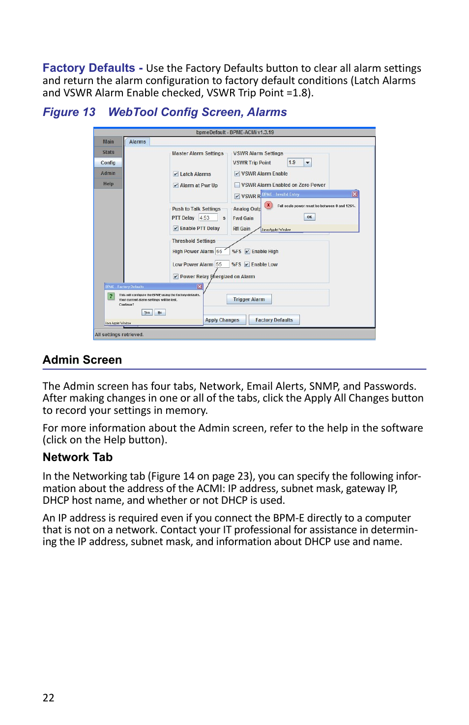 Figure 13 webtool config screen, alarms, Admin screen, Network tab | Bird Technologies ACMI User Manual | Page 34 / 48
