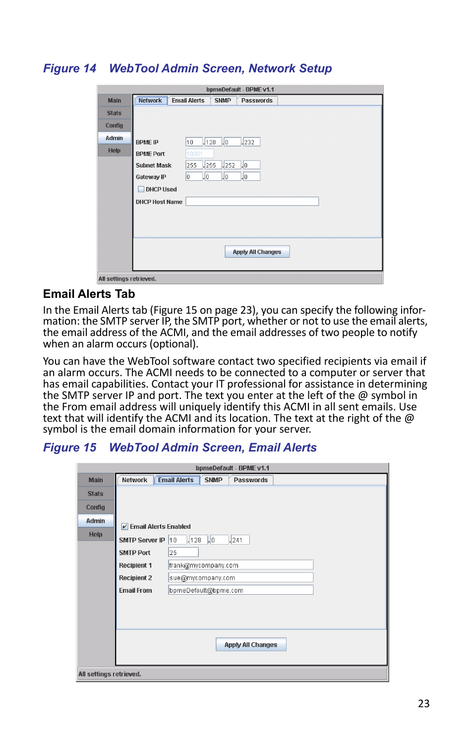 Figure 14 webtool admin screen, network setup, Email alerts tab, Figure 15 webtool admin screen, email alerts | Bird Technologies ACMI User Manual | Page 35 / 48