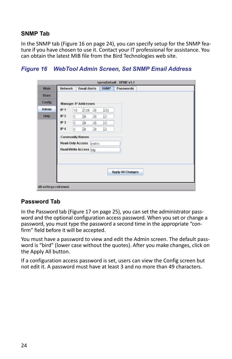 Snmp tab, Password tab, Snmp tab password tab | Bird Technologies ACMI User Manual | Page 36 / 48