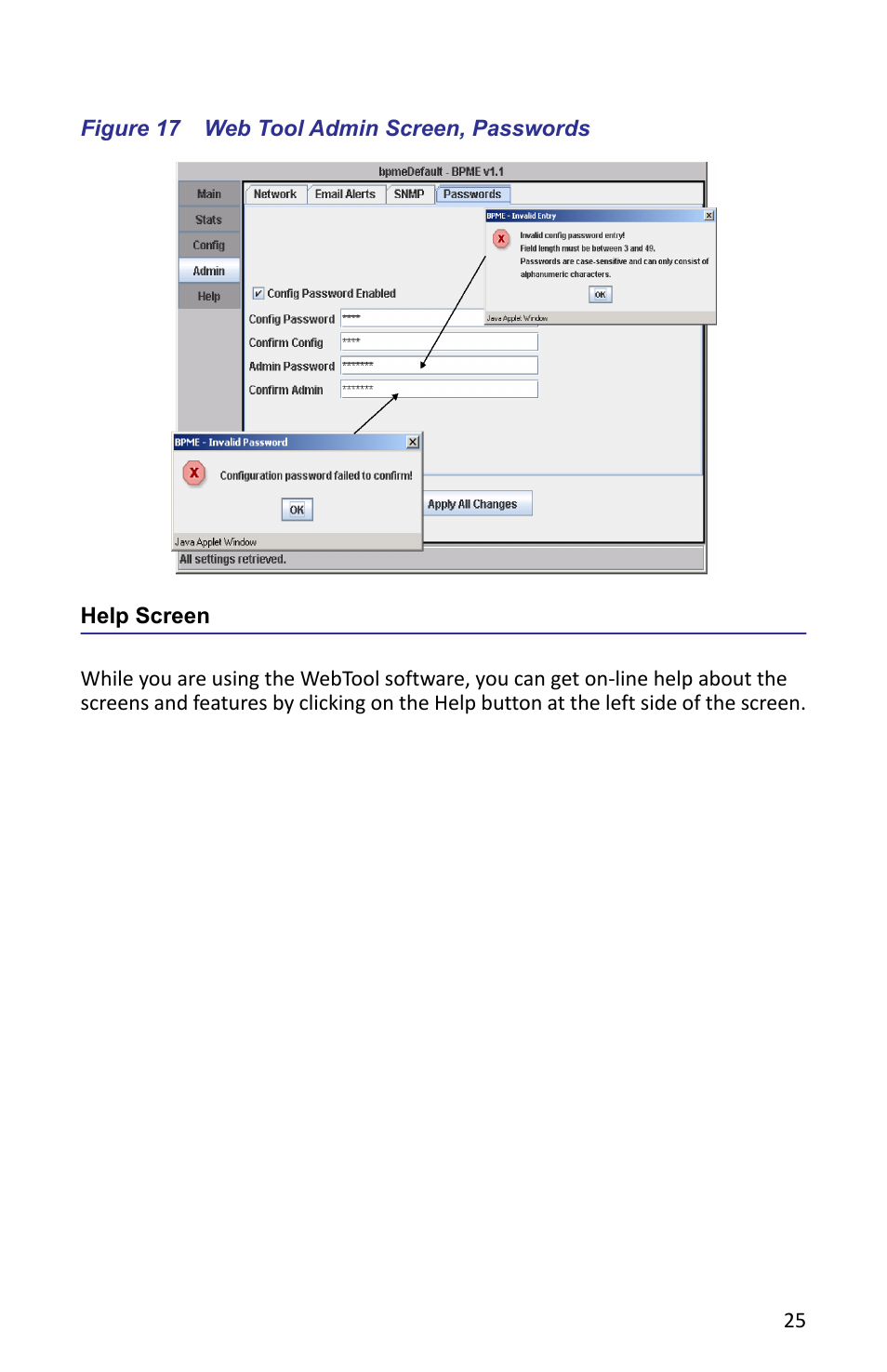 Figure 17 web tool admin screen, passwords, Help screen | Bird Technologies ACMI User Manual | Page 37 / 48