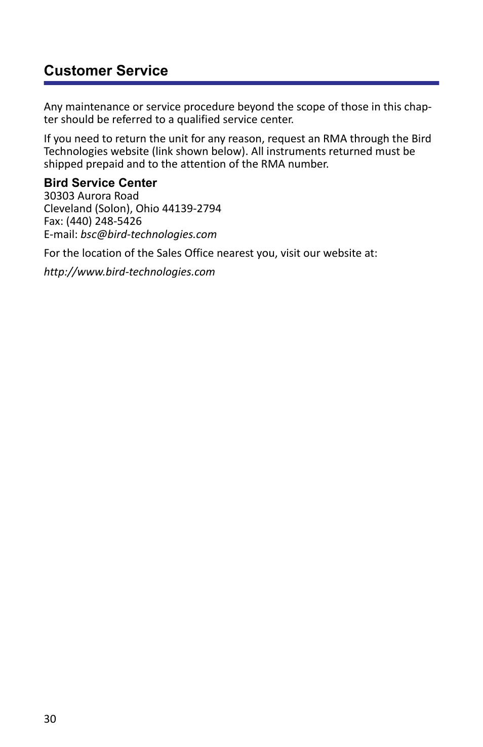Customer service | Bird Technologies ACMI User Manual | Page 42 / 48
