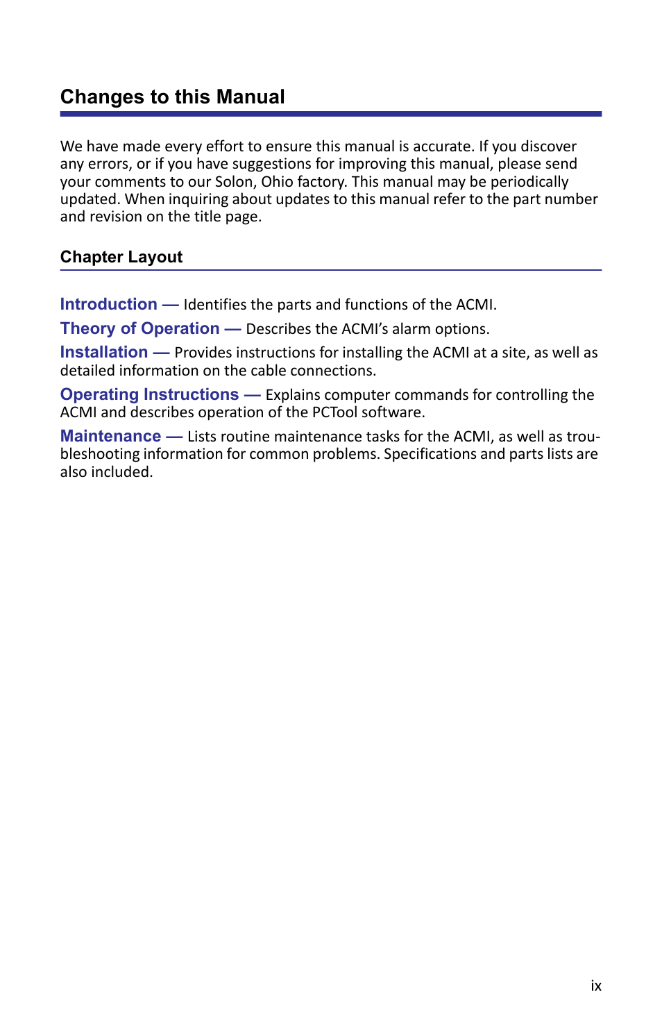 Changes to this manual, Chapter layout | Bird Technologies ACMI User Manual | Page 9 / 48