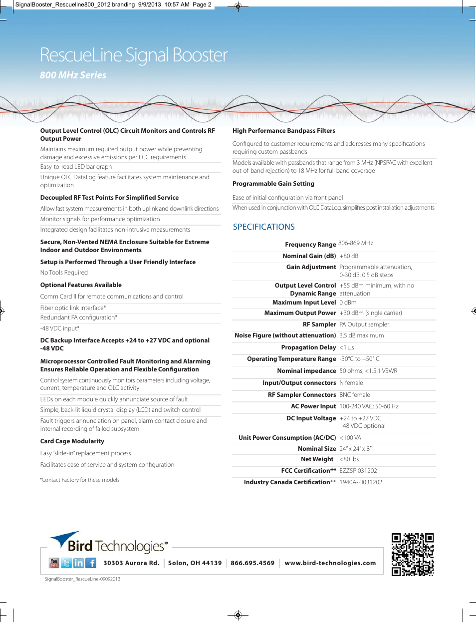 Rescueline signal booster, 800 mhz series, Specifications | Bird Technologies 61-89A Series User Manual | Page 2 / 2