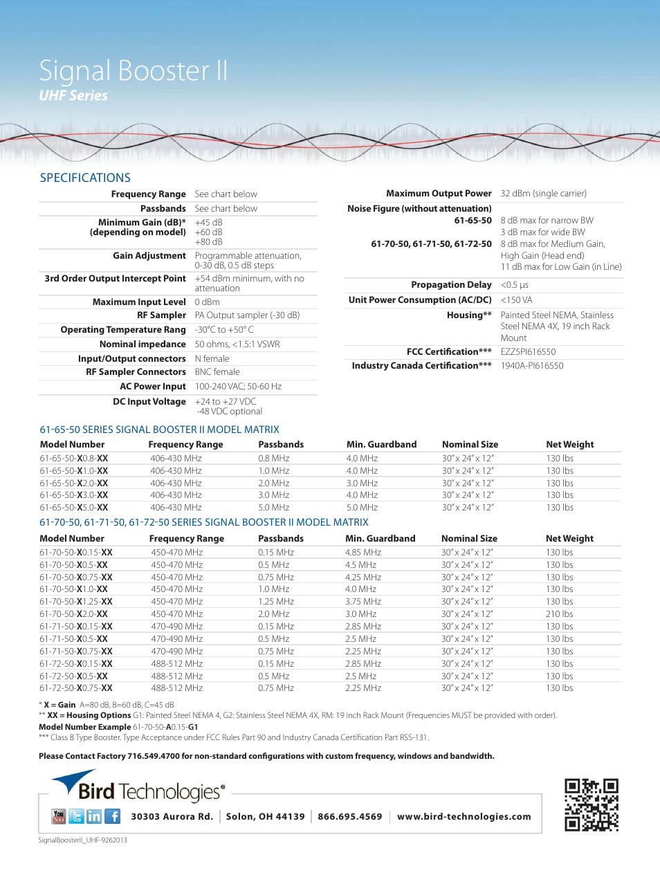 Signal booster ii, Uhf series, Specifications | Bird Technologies 61-70-50 Series User Manual | Page 2 / 2