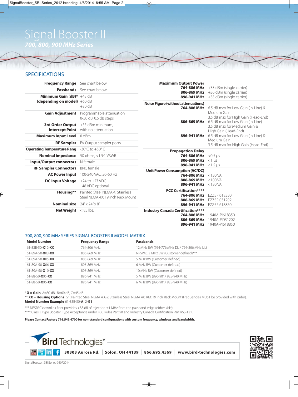 Signal booster ii, Specifications | Bird Technologies 61-89A-50 Series-Datasheet User Manual | Page 2 / 2
