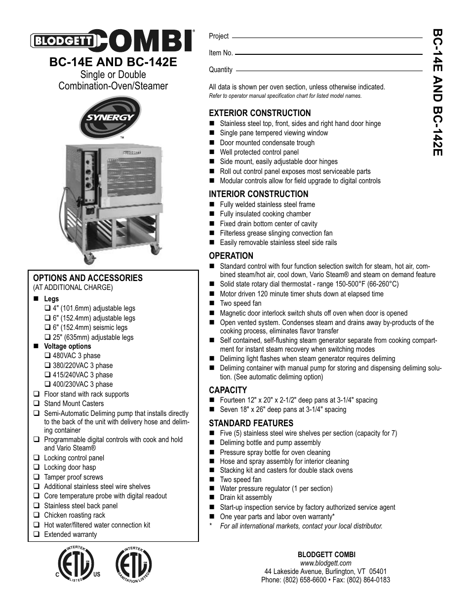 Blodgett SYNERGY BC-14E User Manual | 2 pages