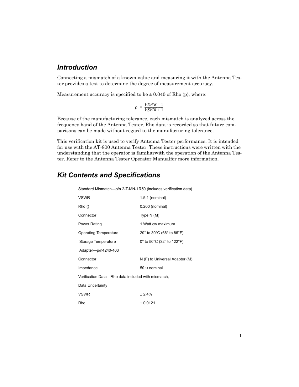 Introduction, Kit contents and specifications | Bird Technologies 7000A845 User Manual | Page 3 / 8