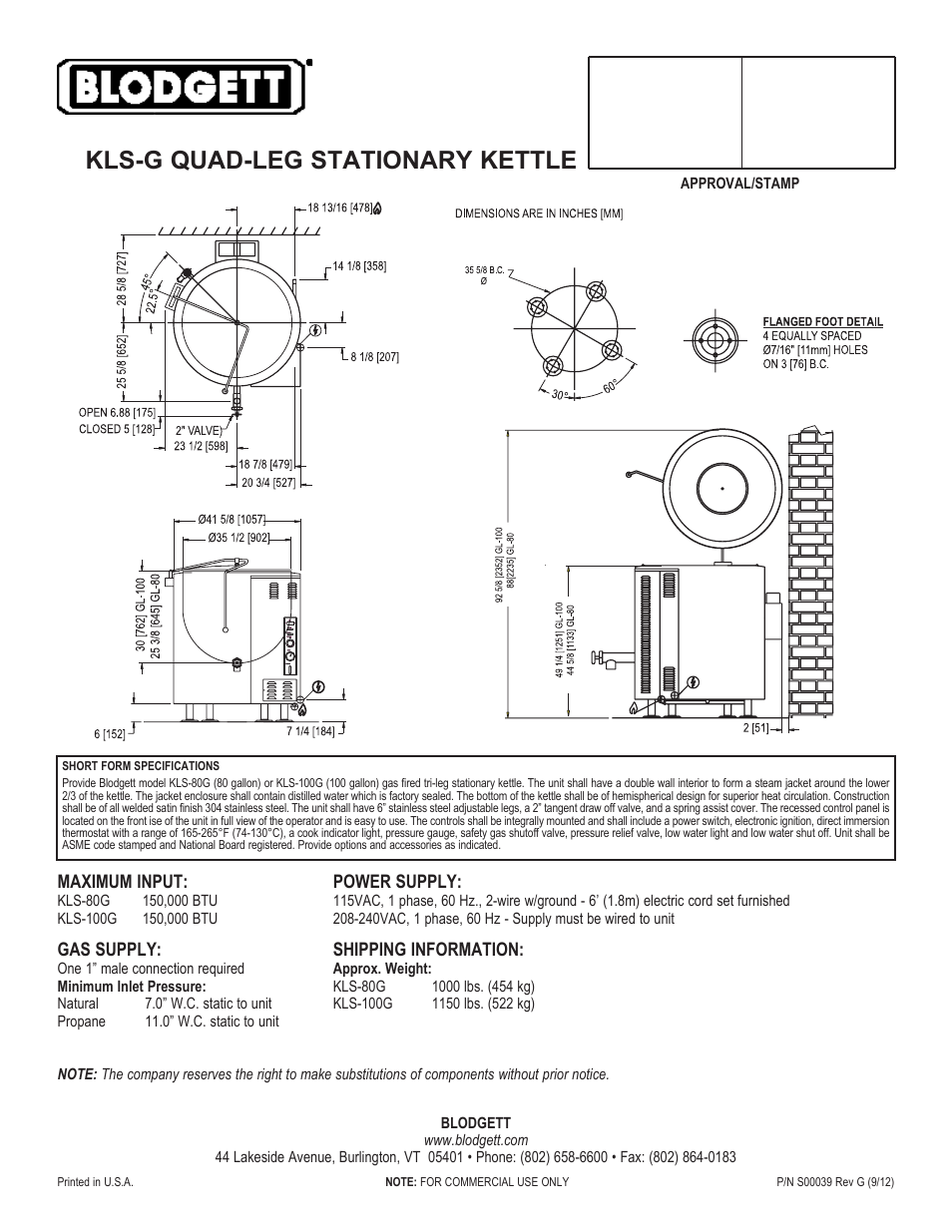 Kls-g quad-leg stationary kettle | Blodgett KLS-80G User Manual | Page 2 / 2
