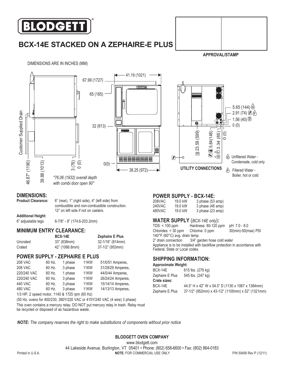 Bcx-14e stacked on a zephaire-e plus, Power supply - bcx-14e, Water supply | Shipping information, Dimensions, Minimum entry clearance, Power supply - zephaire e plus | Blodgett ZEPHAIRE-E PLUS User Manual | Page 2 / 2