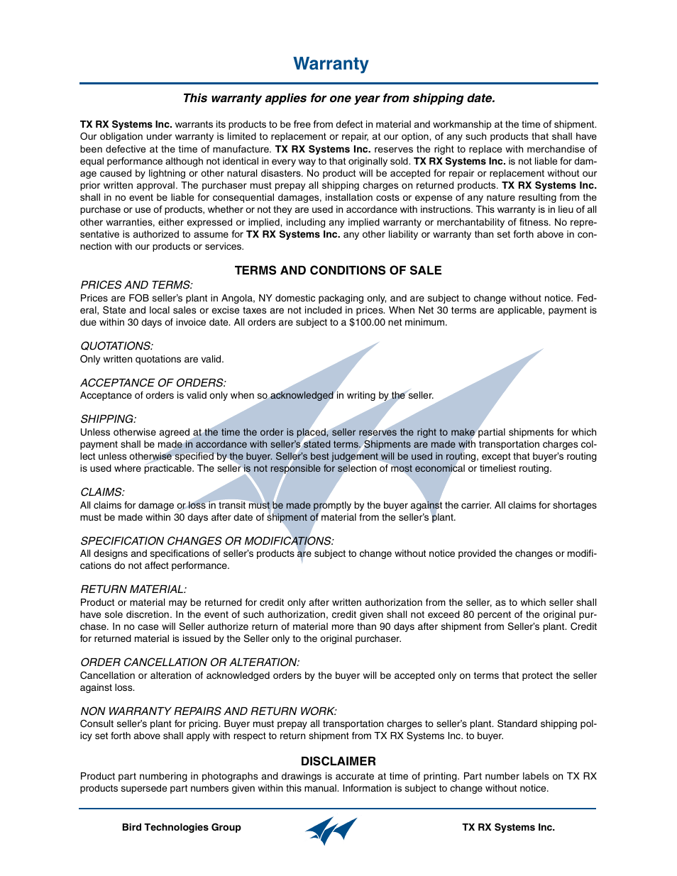 Warranty | Bird Technologies 429-83H-01 Series-Installation Instructions User Manual | Page 2 / 12