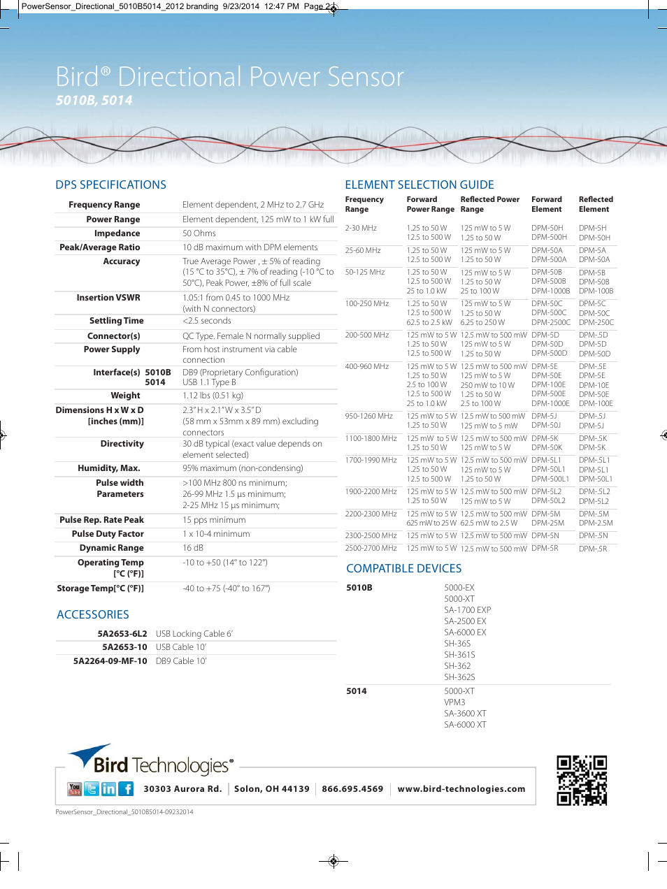 Bird® directional power sensor, Dps specifications, Compatible devices | Accessories, Element selection guide | Bird Technologies 5010 Series-Datasheet User Manual | Page 2 / 2