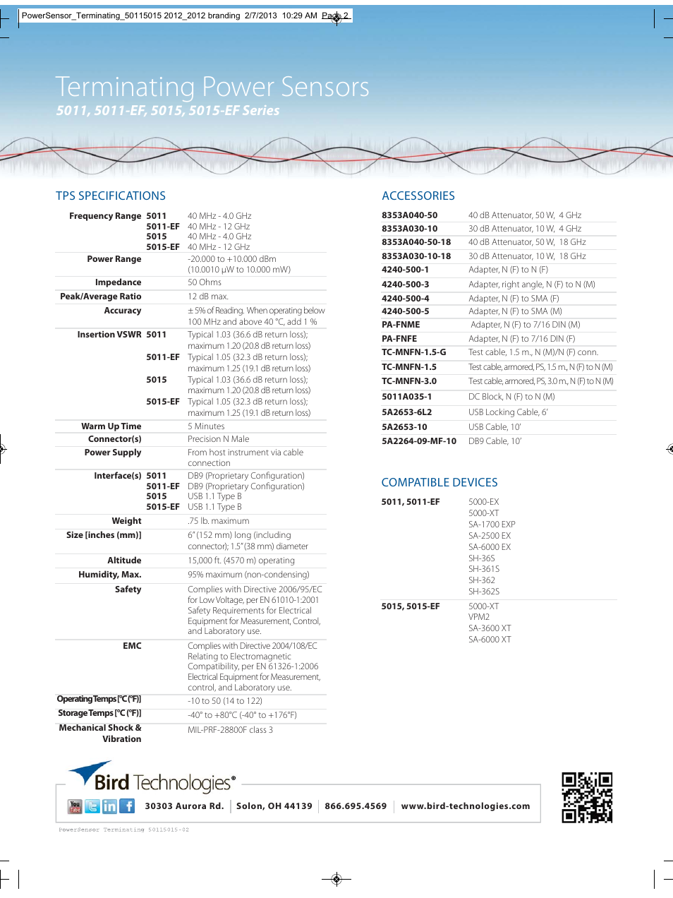 Terminating power sensors, Tps specifications, Accessories | Compatible devices | Bird Technologies 5015 Series-Datasheet User Manual | Page 2 / 2