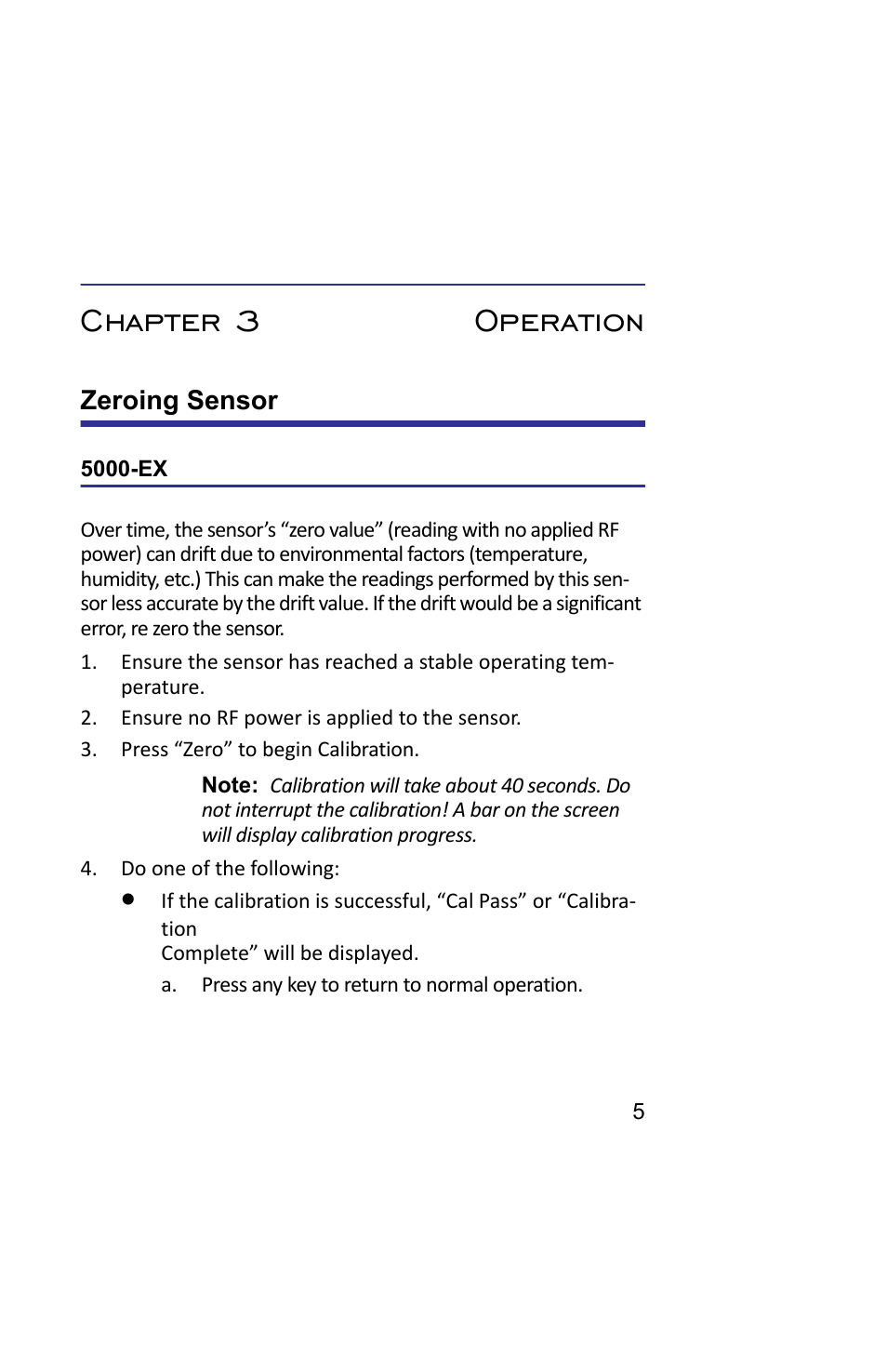 Chapter 3 operation, Zeroing sensor, 5000-ex | Bird Technologies 5019D-Manual User Manual | Page 17 / 59
