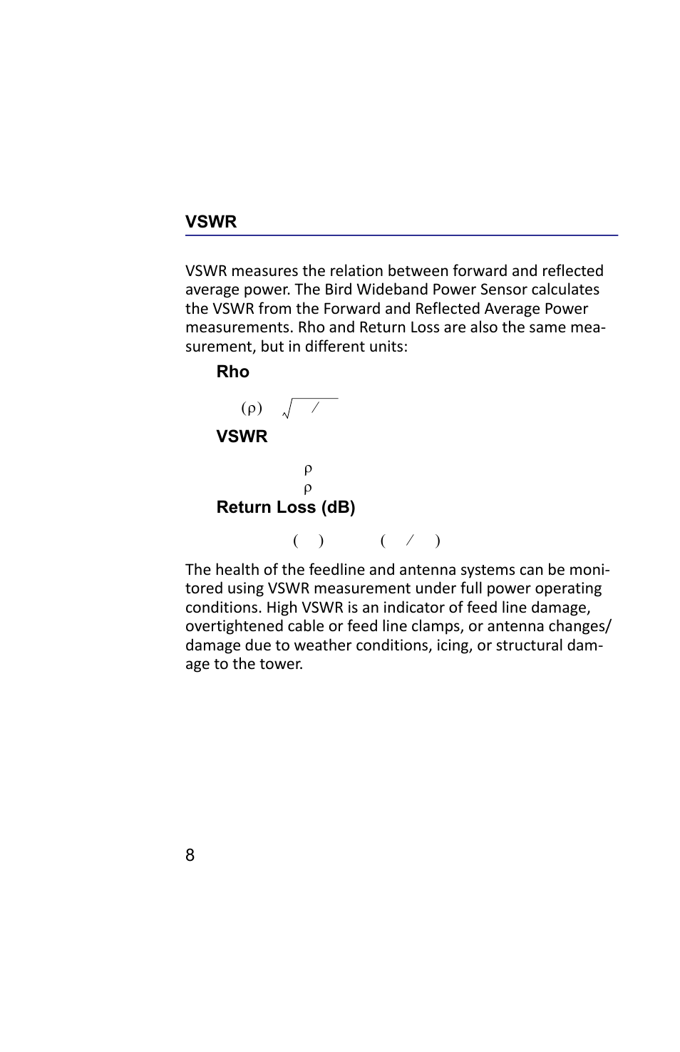 Vswr, Return loss (db), Rho vswr return loss (db) | Bird Technologies 5019D-Manual User Manual | Page 20 / 59