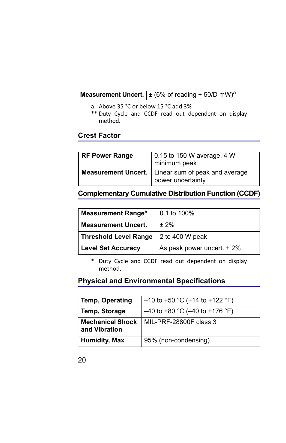 Crest factor, Physical and environmental specifications, Crest factor complementary cumulative | Bird Technologies 5019D-Manual User Manual | Page 32 / 59