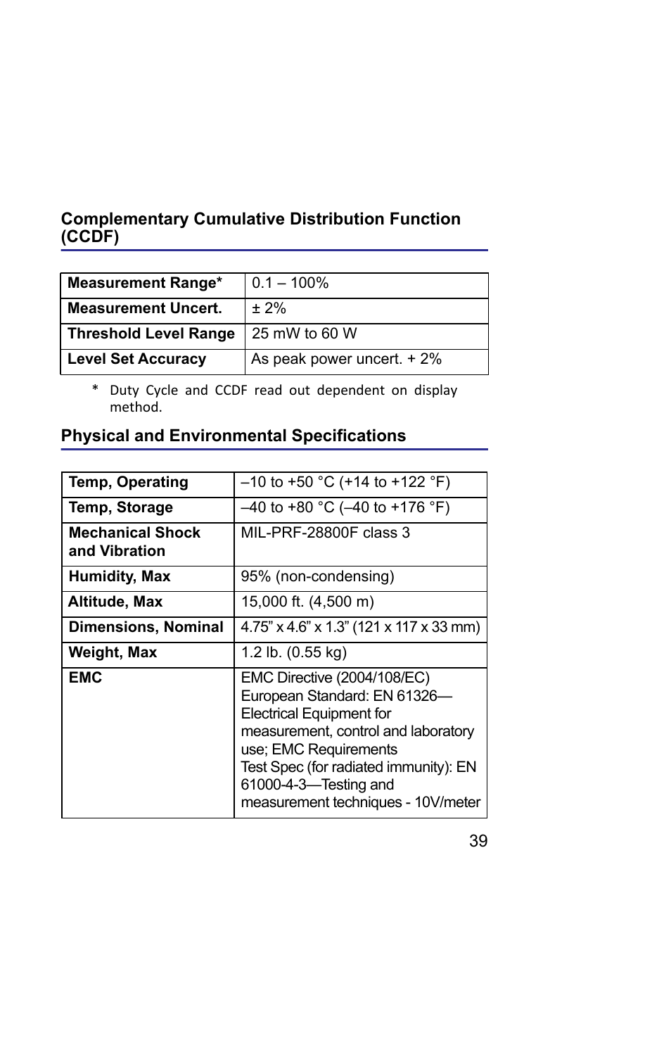 Physical and environmental specifications, Complementary cumulative | Bird Technologies 5019D-Manual User Manual | Page 51 / 59