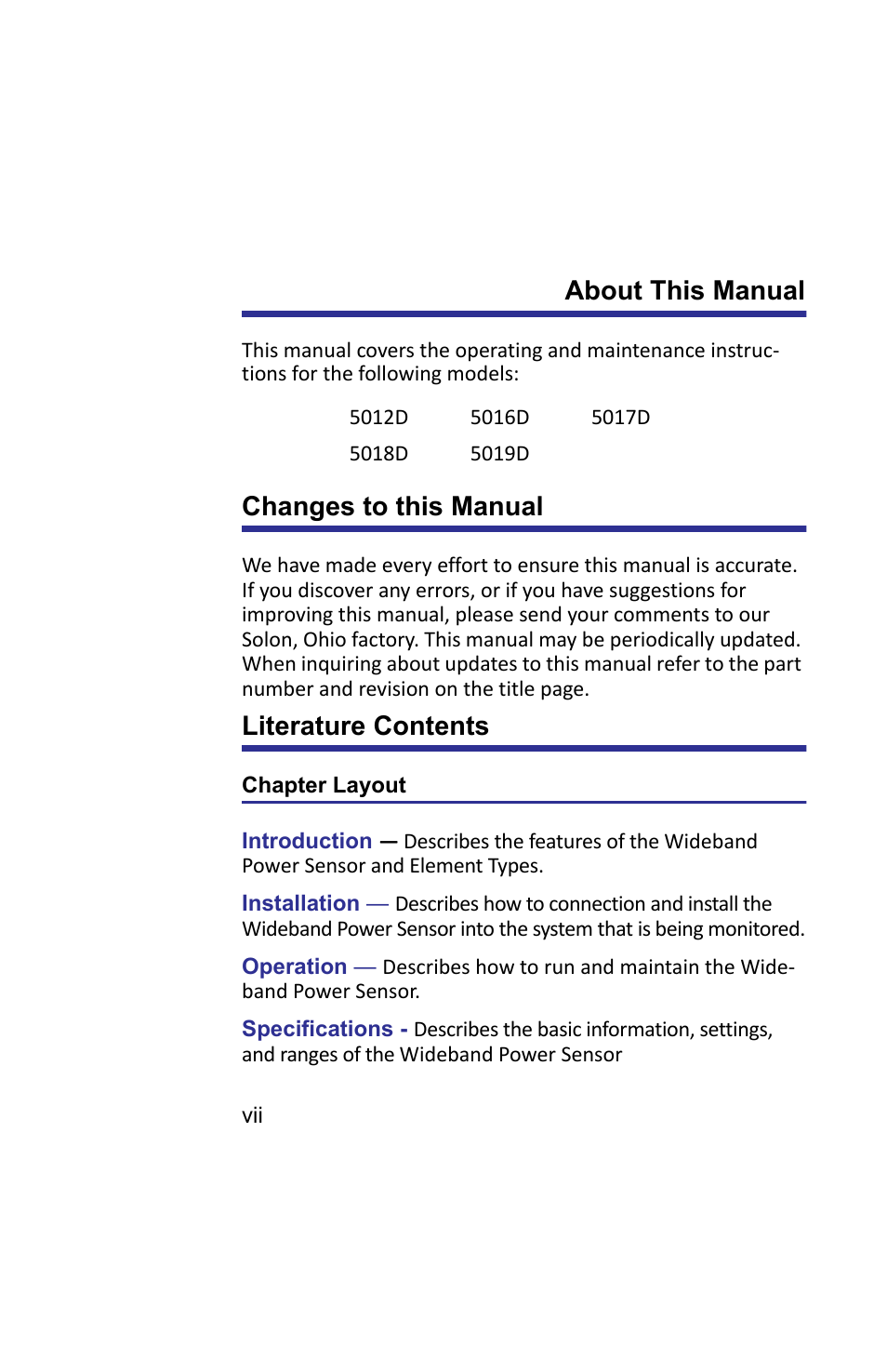 Changes to this manual, Literature contents, Chapter layout | About this manual | Bird Technologies 5019D-Manual User Manual | Page 8 / 59