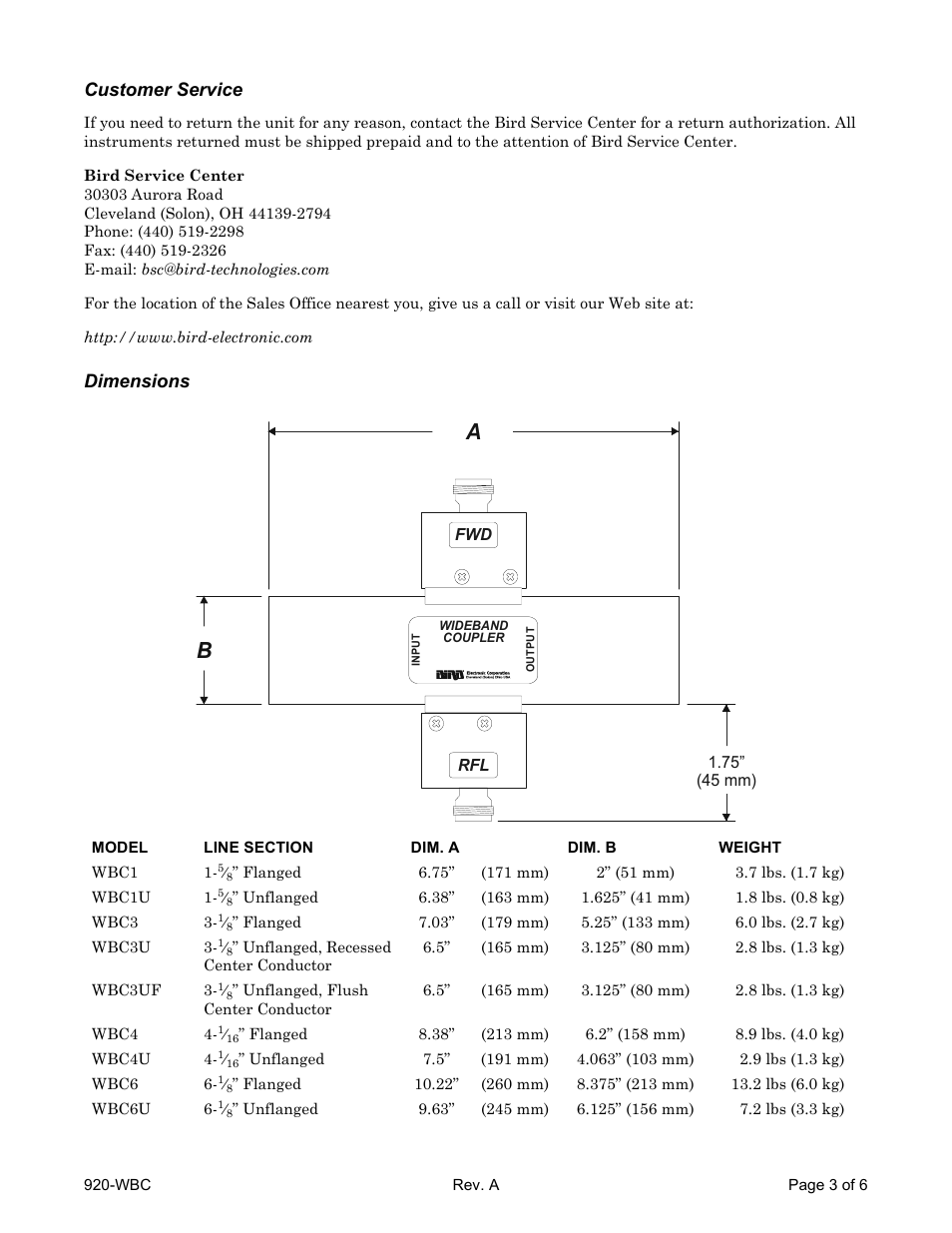 Customer service, Dimensions | Bird Technologies WBC Series-Manual User Manual | Page 3 / 6