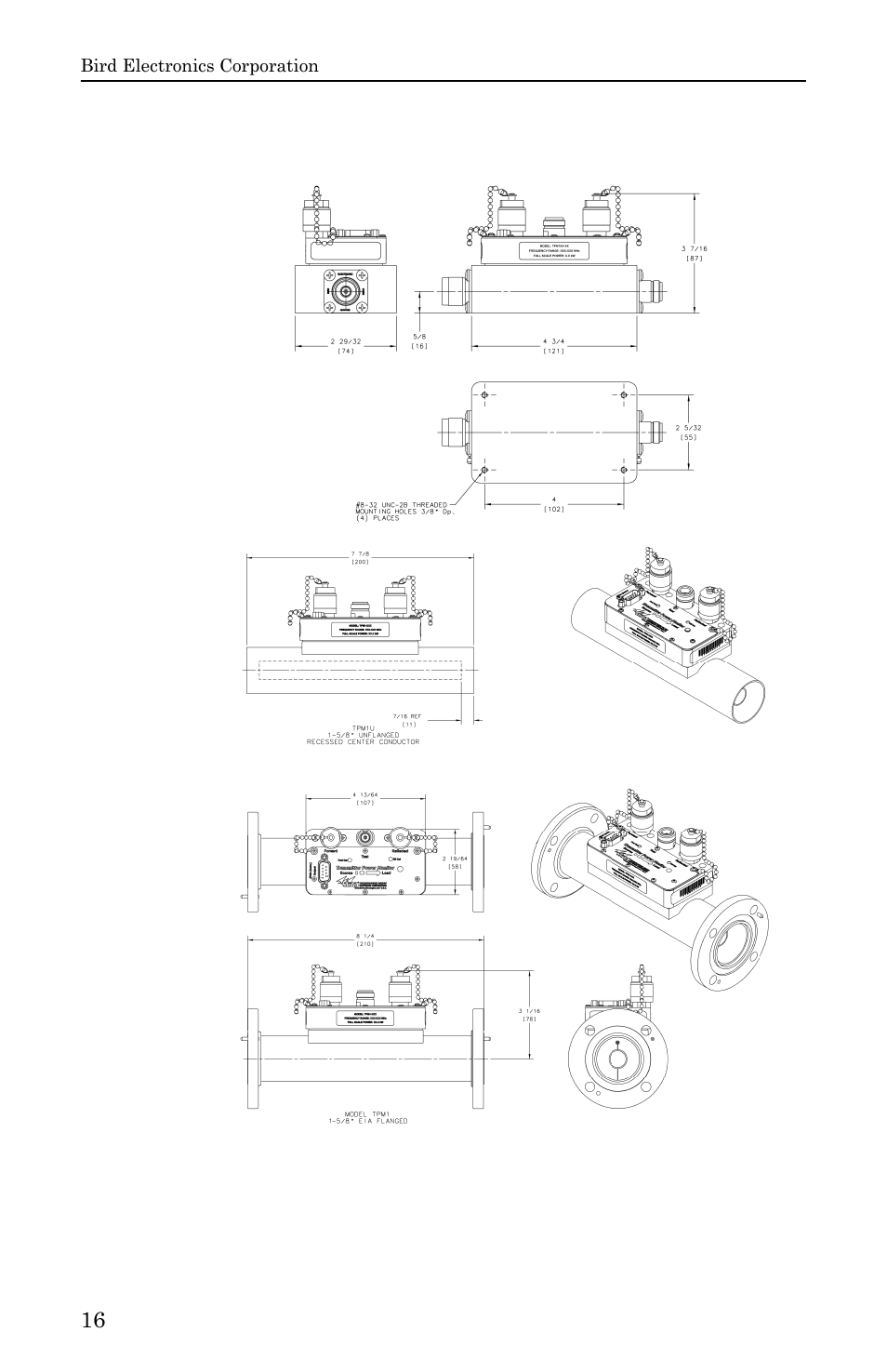 Dimensions, Figure 9 tpm7, Figure 10 unflanged 1-5/8” tpm | Figure 11 flanged 1-5/8” tpm | Bird Technologies 3140 Display User Manual | Page 26 / 36