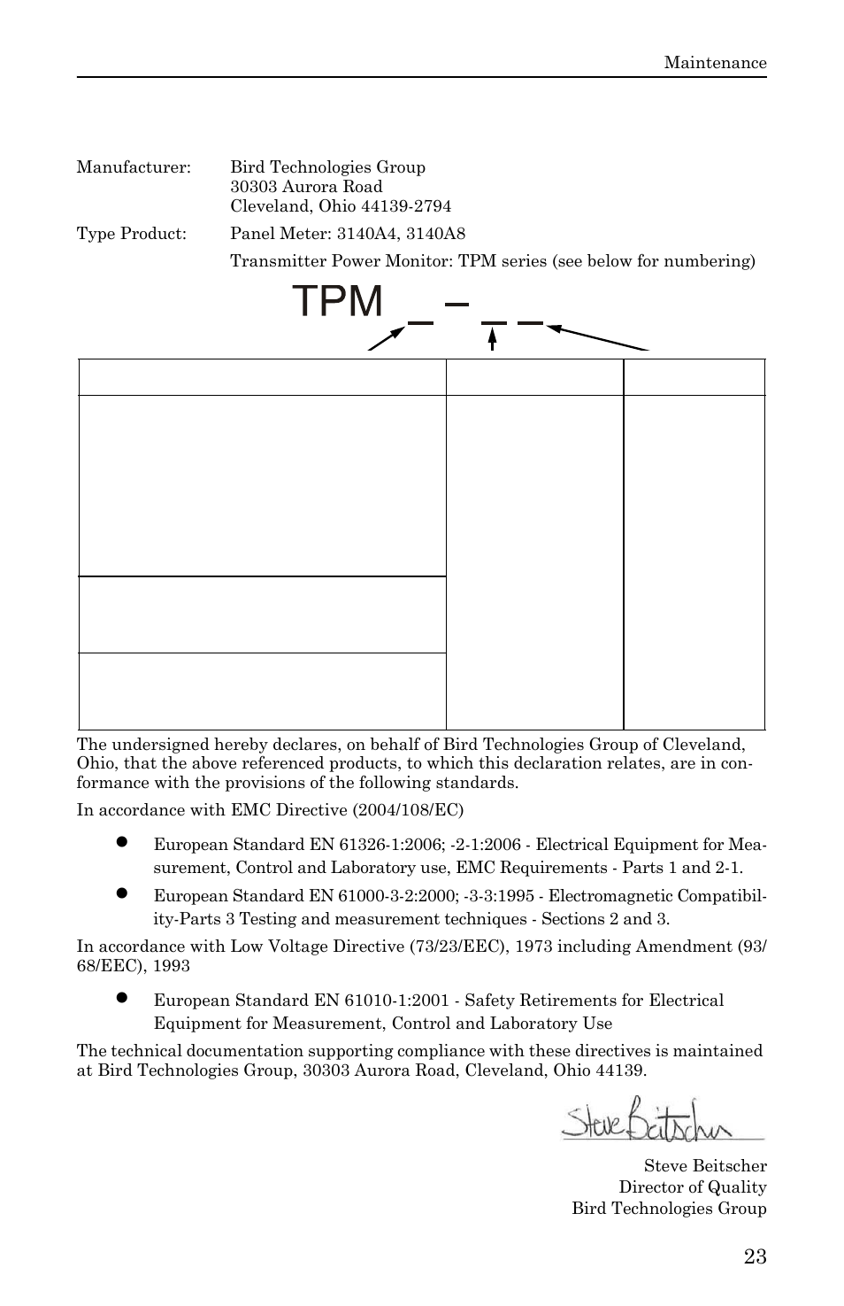 Declaration of conformity | Bird Technologies 3140 Display User Manual | Page 33 / 36