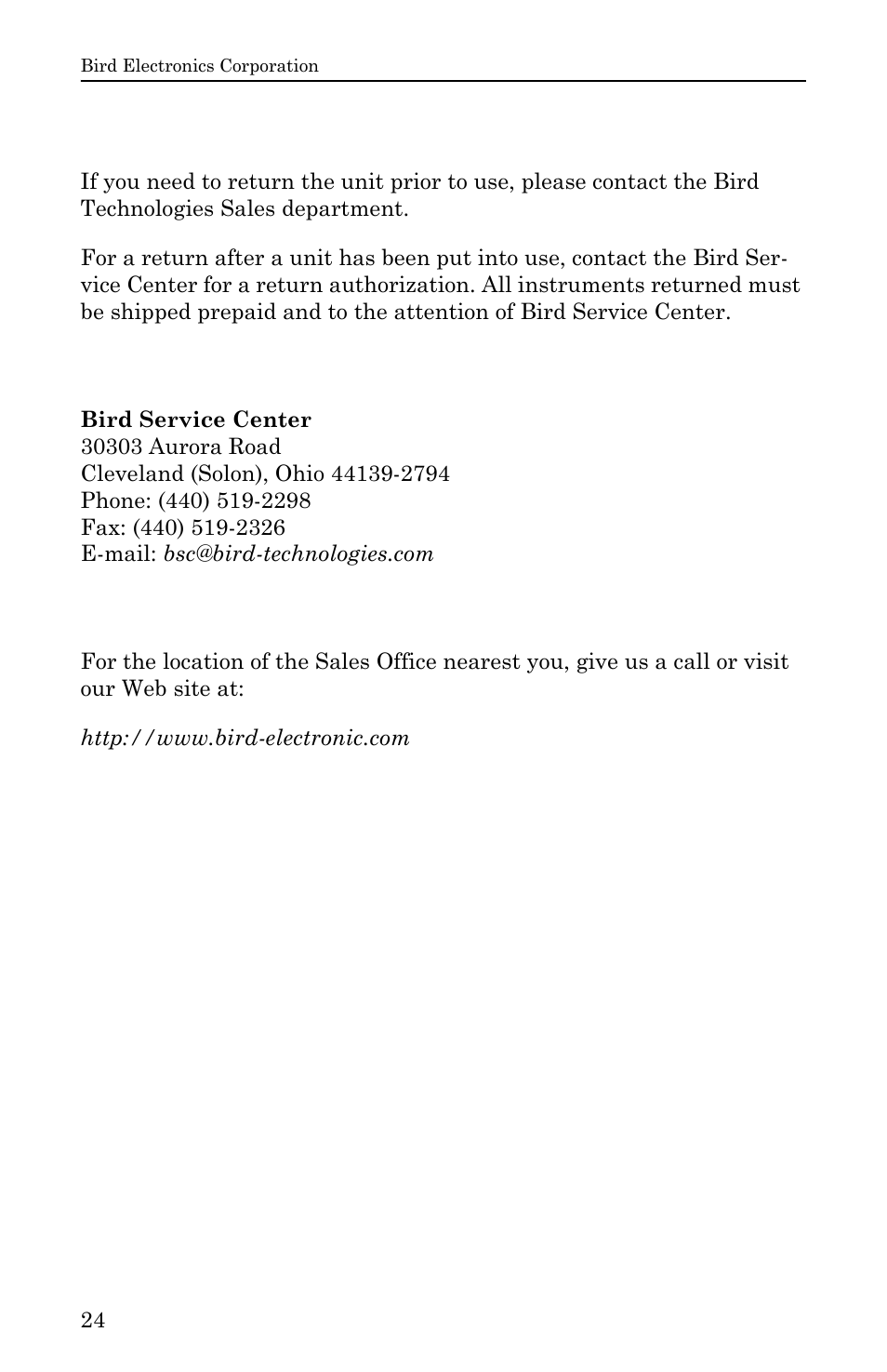 Customer service, Service facility, Sales facilities | Service facility sales facilities | Bird Technologies 3140 Display User Manual | Page 34 / 36