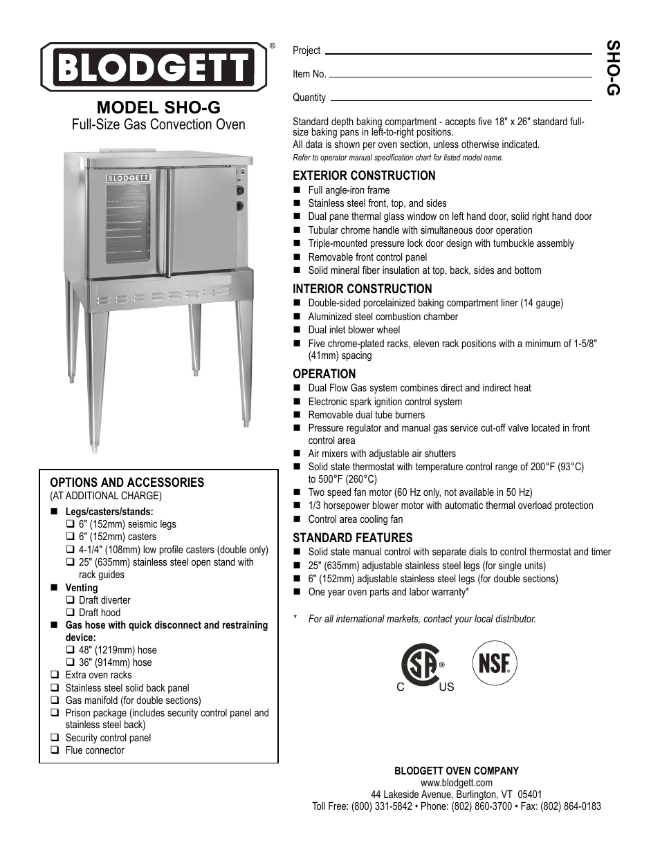Blodgett SHO-G User Manual | 2 pages