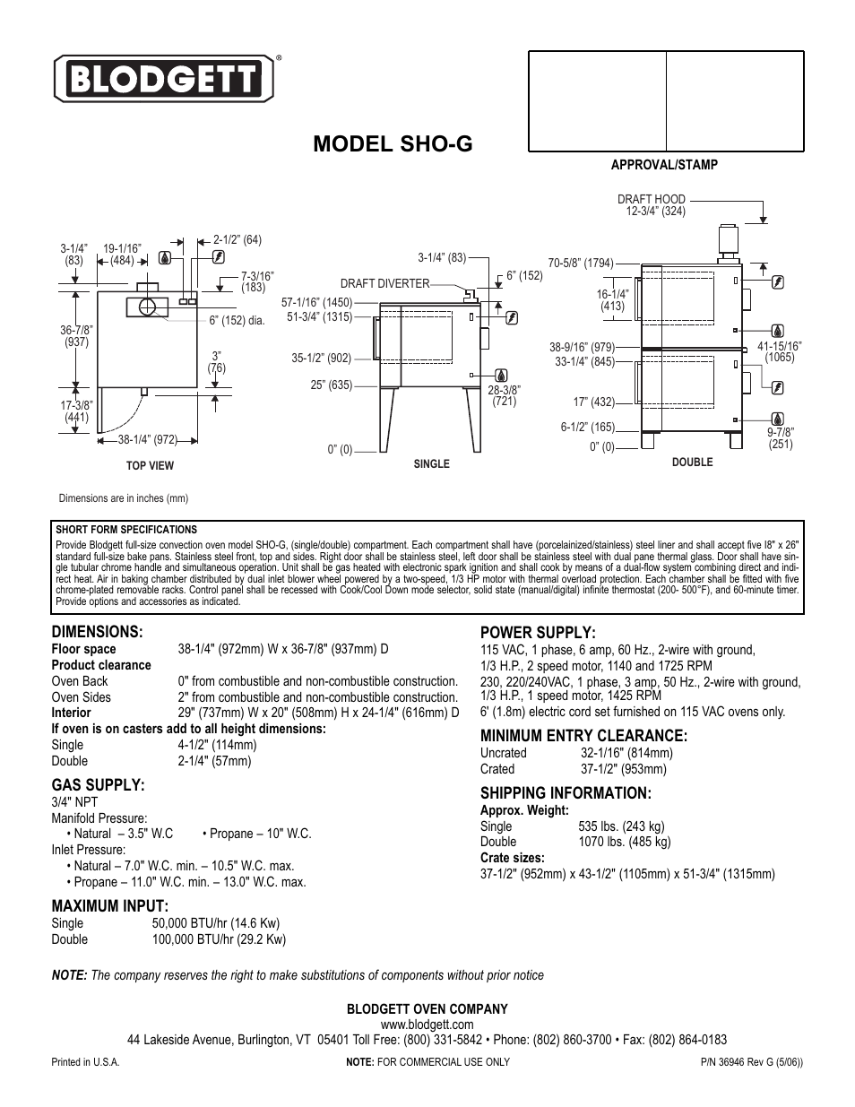 Model sho-g | Blodgett SHO-G User Manual | Page 2 / 2