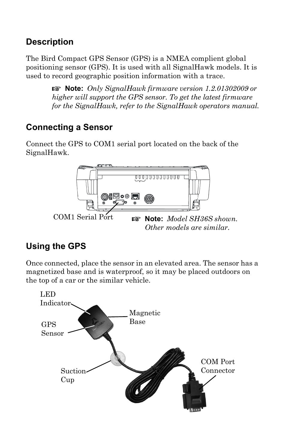 Description, Connecting a sensor, Using the gps | Bird Technologies 7002A222-1 User Manual | Page 2 / 4