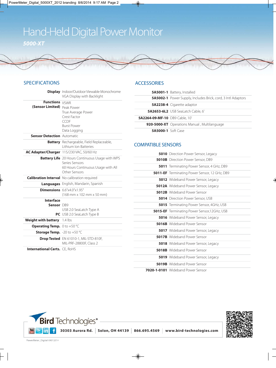 Hand-held digital power monitor, 5000-xt | Bird Technologies 5000-XT-Datasheet User Manual | Page 2 / 2