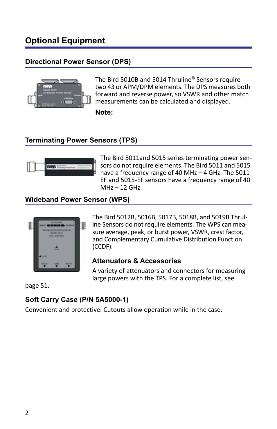 Optional equipment, Directional power sensor (dps), Terminating power sensors (tps) | Wideband power sensor (wps), Attenuators & accessories, Soft carry case (p/n 5a5000-1) | Bird Technologies 5000-XT-Manual User Manual | Page 16 / 239