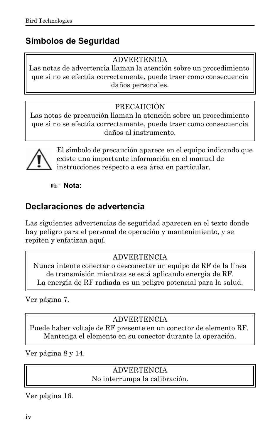 Símbolos de seguridad, Declaraciones de advertencia | Bird Technologies 5000-XT-Manual User Manual | Page 160 / 239