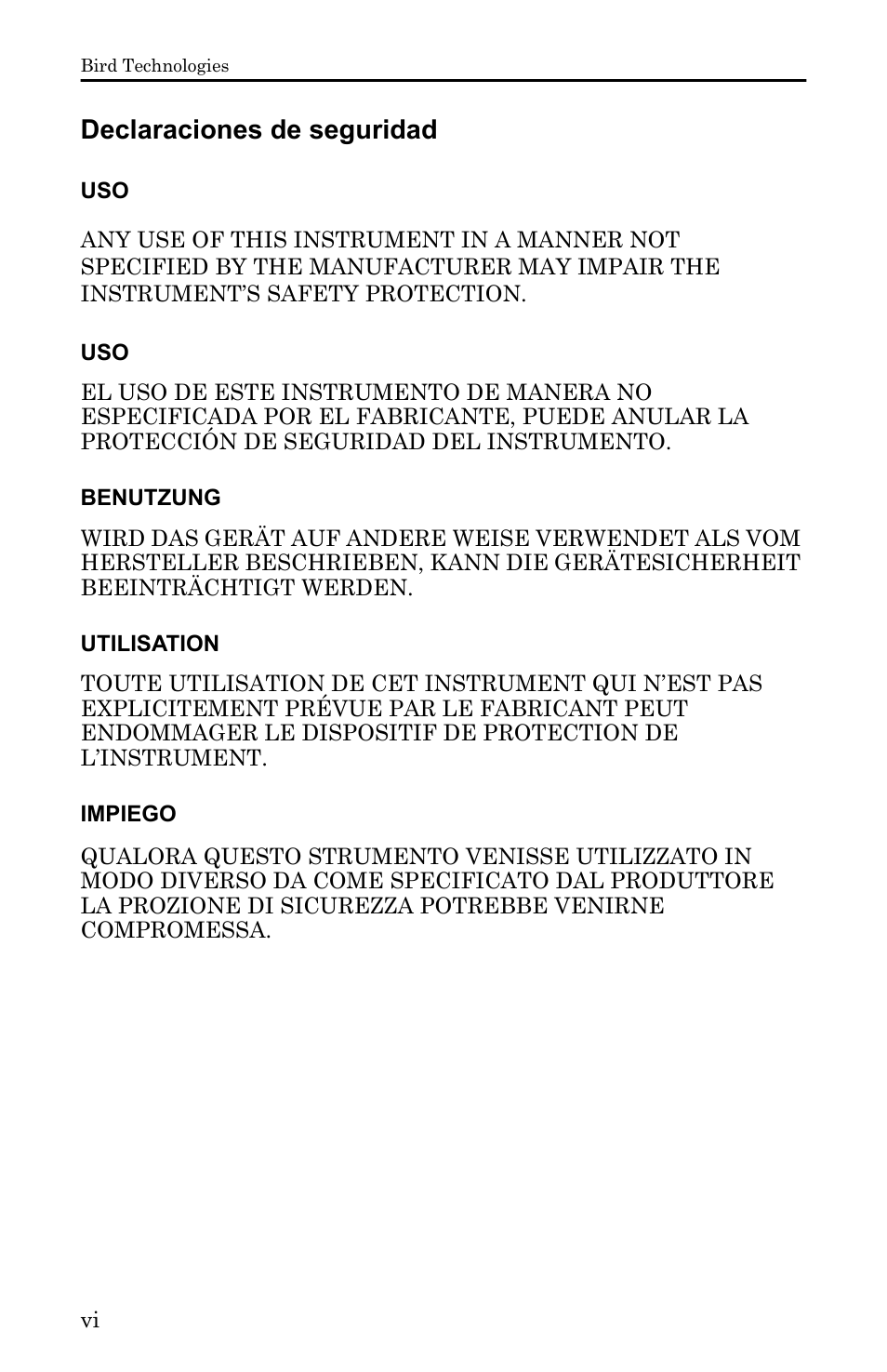 Declaraciones de seguridad | Bird Technologies 5000-XT-Manual User Manual | Page 162 / 239