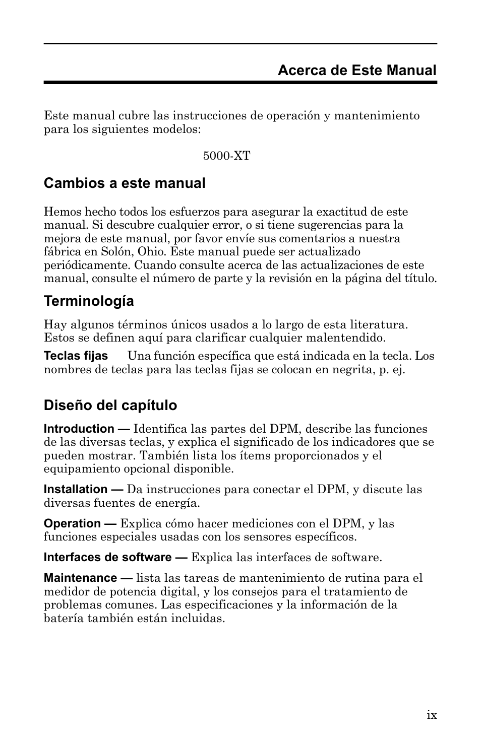 Cambios a este manual, Terminología, Diseño del capítulo | Bird Technologies 5000-XT-Manual User Manual | Page 165 / 239