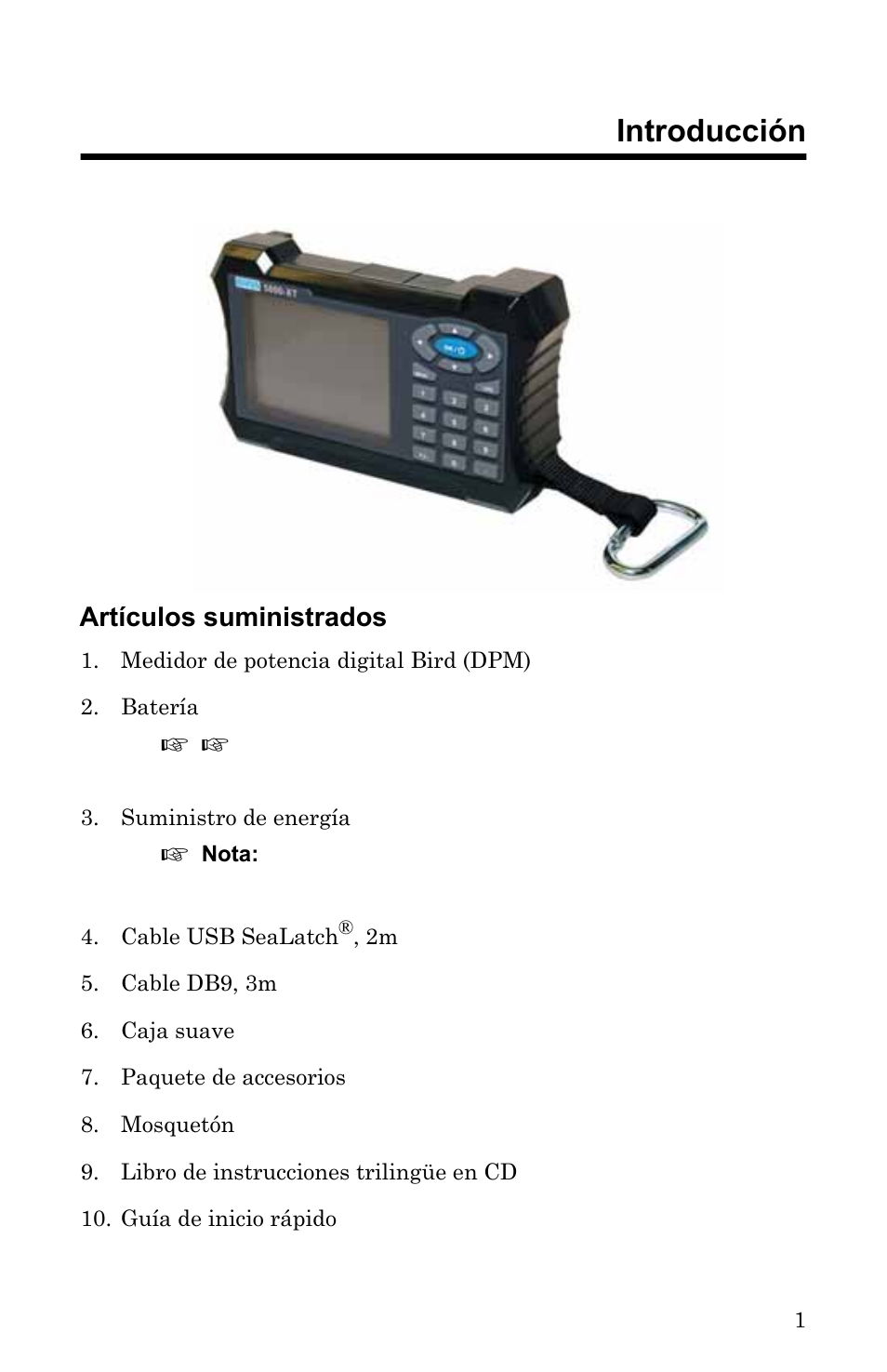 Capitulo 1 introducción, Artículos suministrados, Chapter 1 introducción | Bird Technologies 5000-XT-Manual User Manual | Page 171 / 239