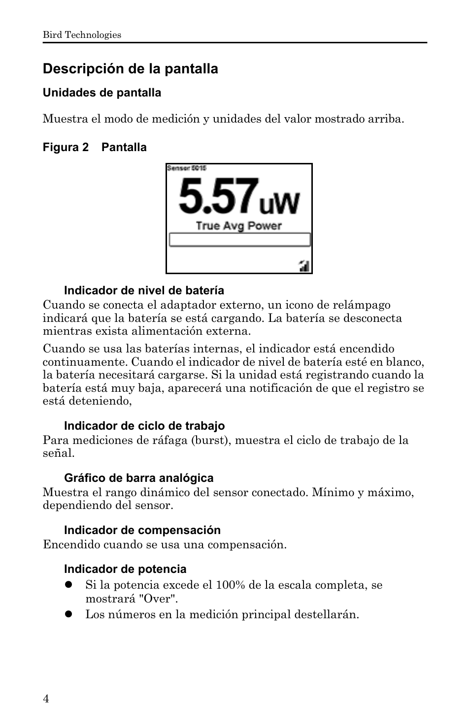 Descripción de la pantalla, Unidades de pantalla, Figura 2 pantalla | Indicador de nivel de batería, Indicador de ciclo de trabajo, Gráfico de barra analógica, Indicador de compensación, Indicador de potencia | Bird Technologies 5000-XT-Manual User Manual | Page 174 / 239