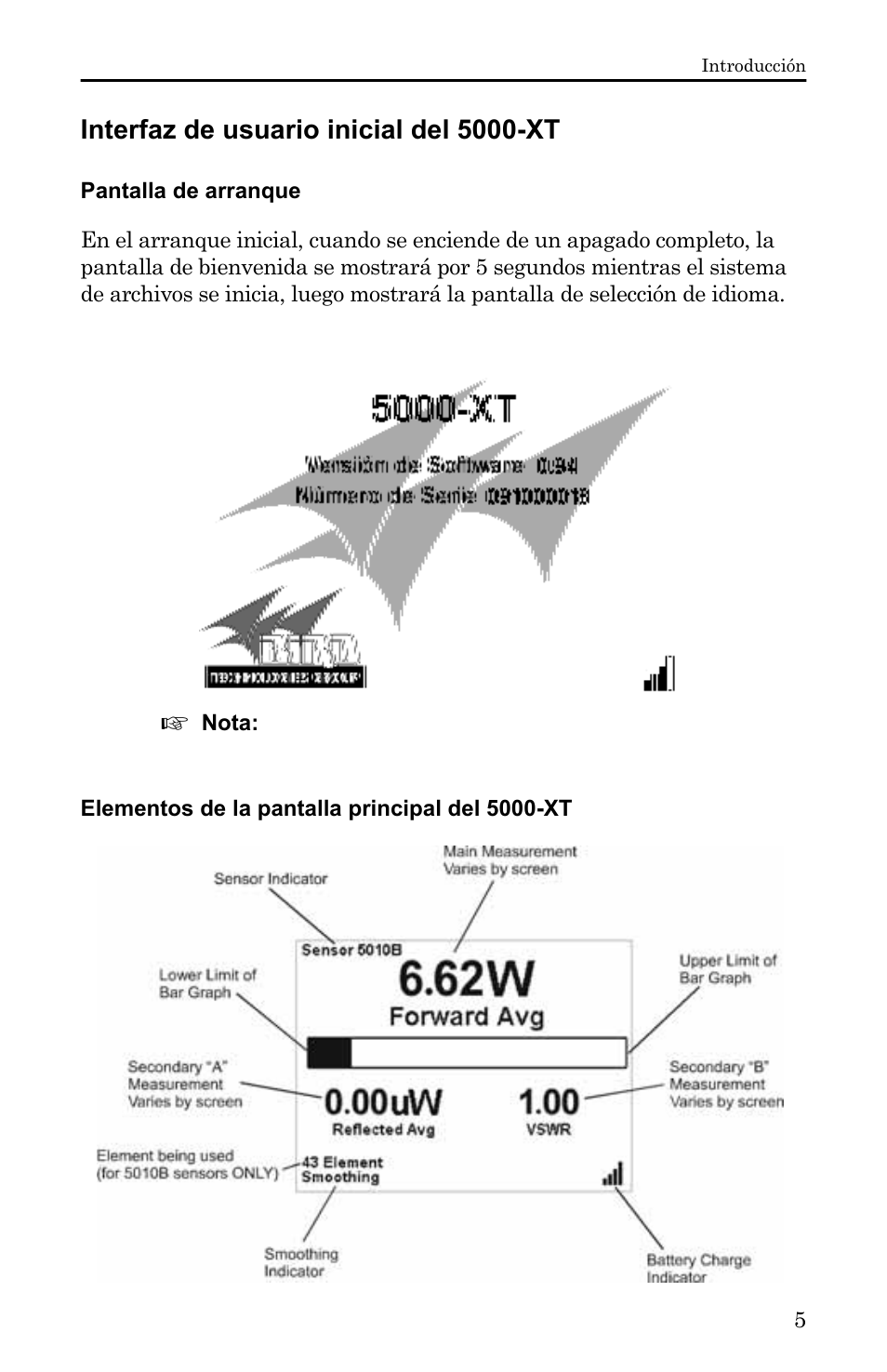 Interfaz de usuario inicial del 5000-xt, Pantalla de arranque, Elementos de la pantalla principal del 5000-xt | Bird Technologies 5000-XT-Manual User Manual | Page 175 / 239