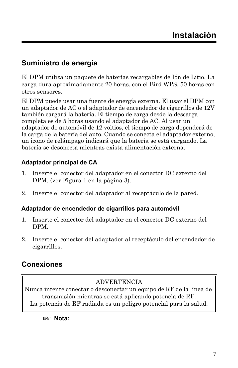 Capítulo 2 instalación, Suministro de energía, Adaptador principal de ca | Conexiones, Chapter 2 instalación | Bird Technologies 5000-XT-Manual User Manual | Page 177 / 239