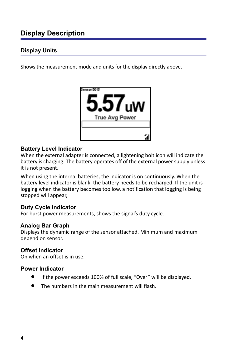 Display description, Display units, Figure 2 display | Battery level indicator, Duty cycle indicator, Analog bar graph, Offset indicator, Power indicator | Bird Technologies 5000-XT-Manual User Manual | Page 18 / 239