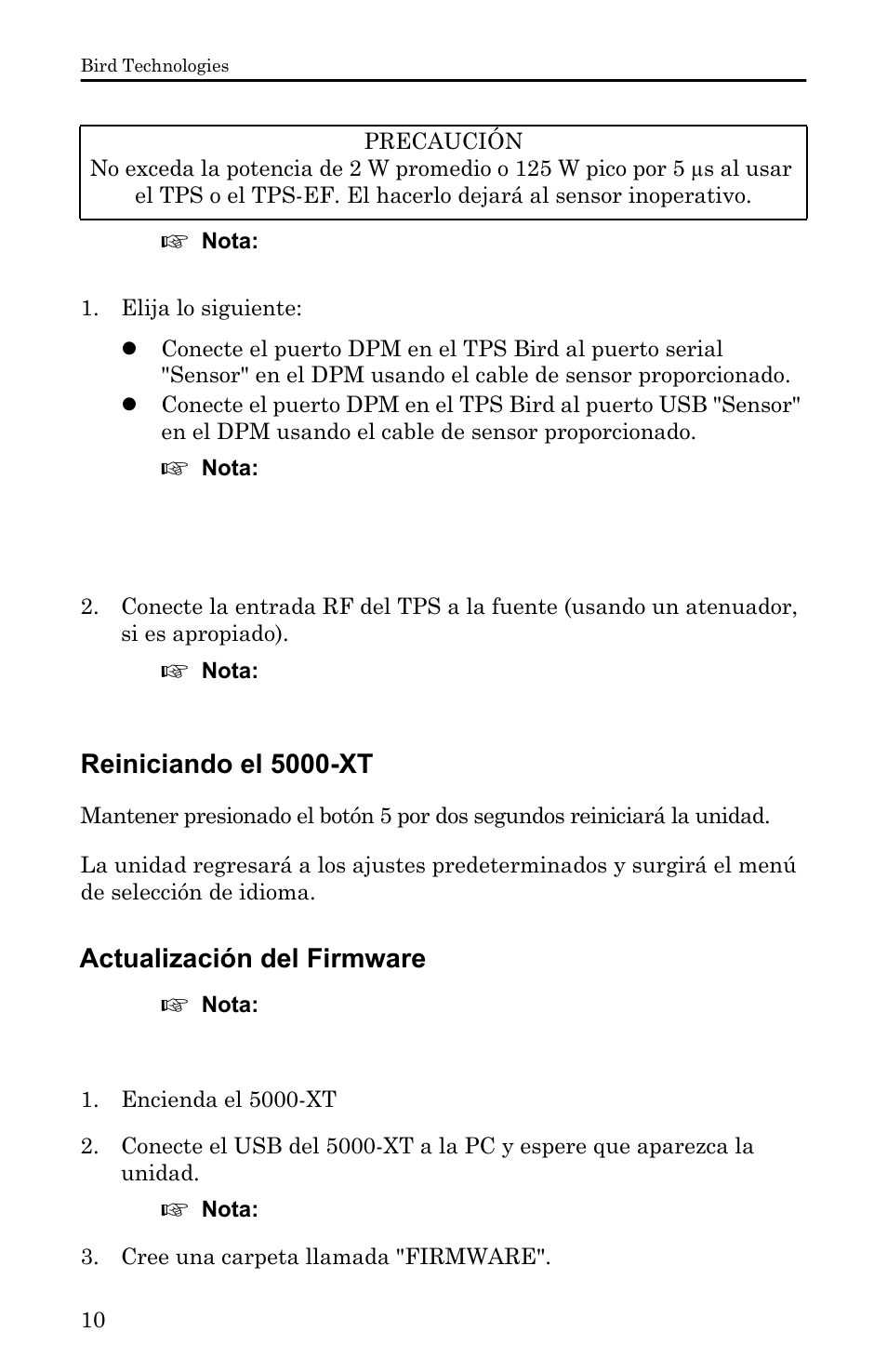 Reiniciando el 5000-xt, Actualización del firmware | Bird Technologies 5000-XT-Manual User Manual | Page 180 / 239