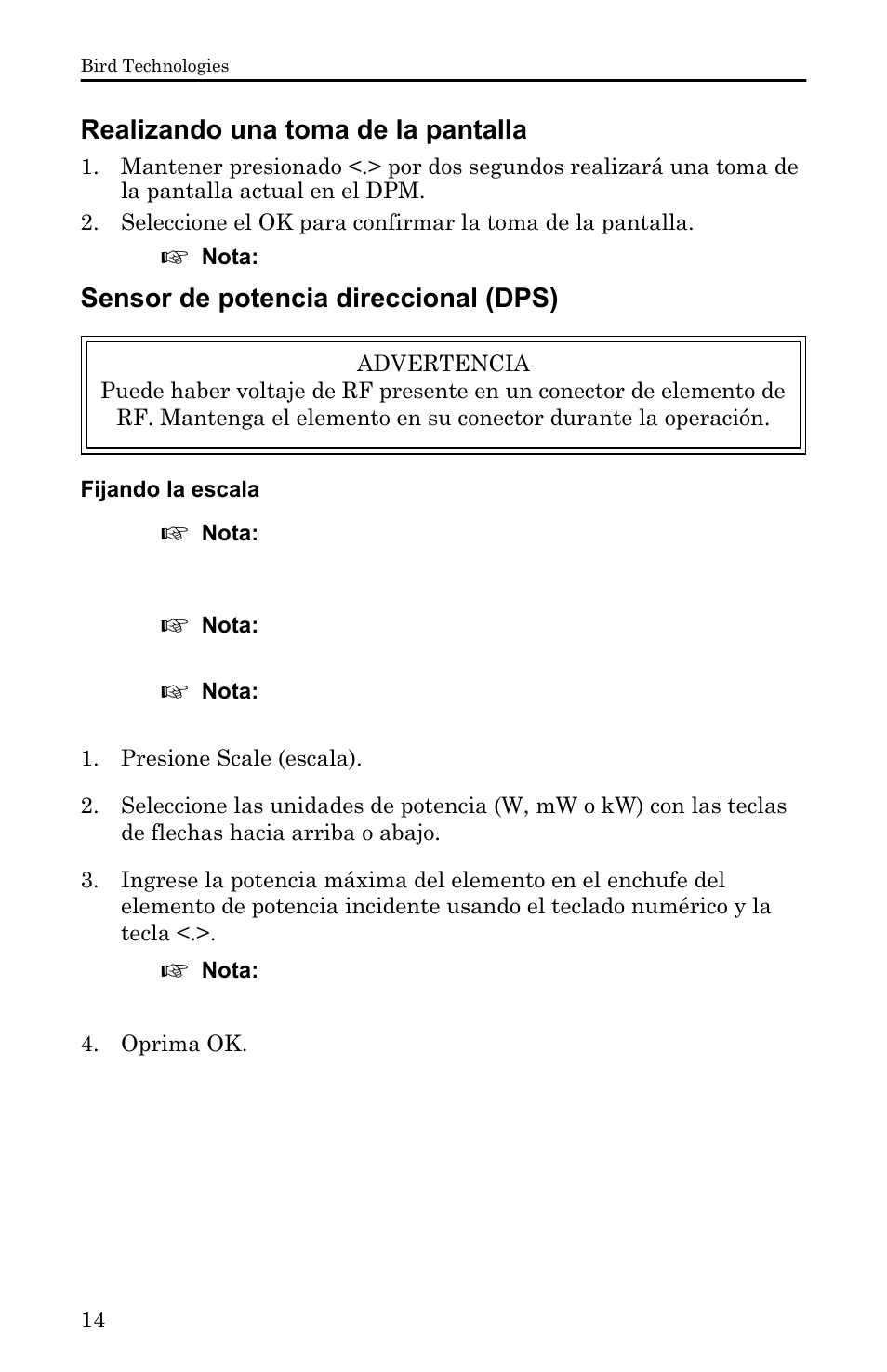 Realizando una toma de la pantalla, Sensor de potencia direccional (dps), Fijando la escala | Bird Technologies 5000-XT-Manual User Manual | Page 184 / 239